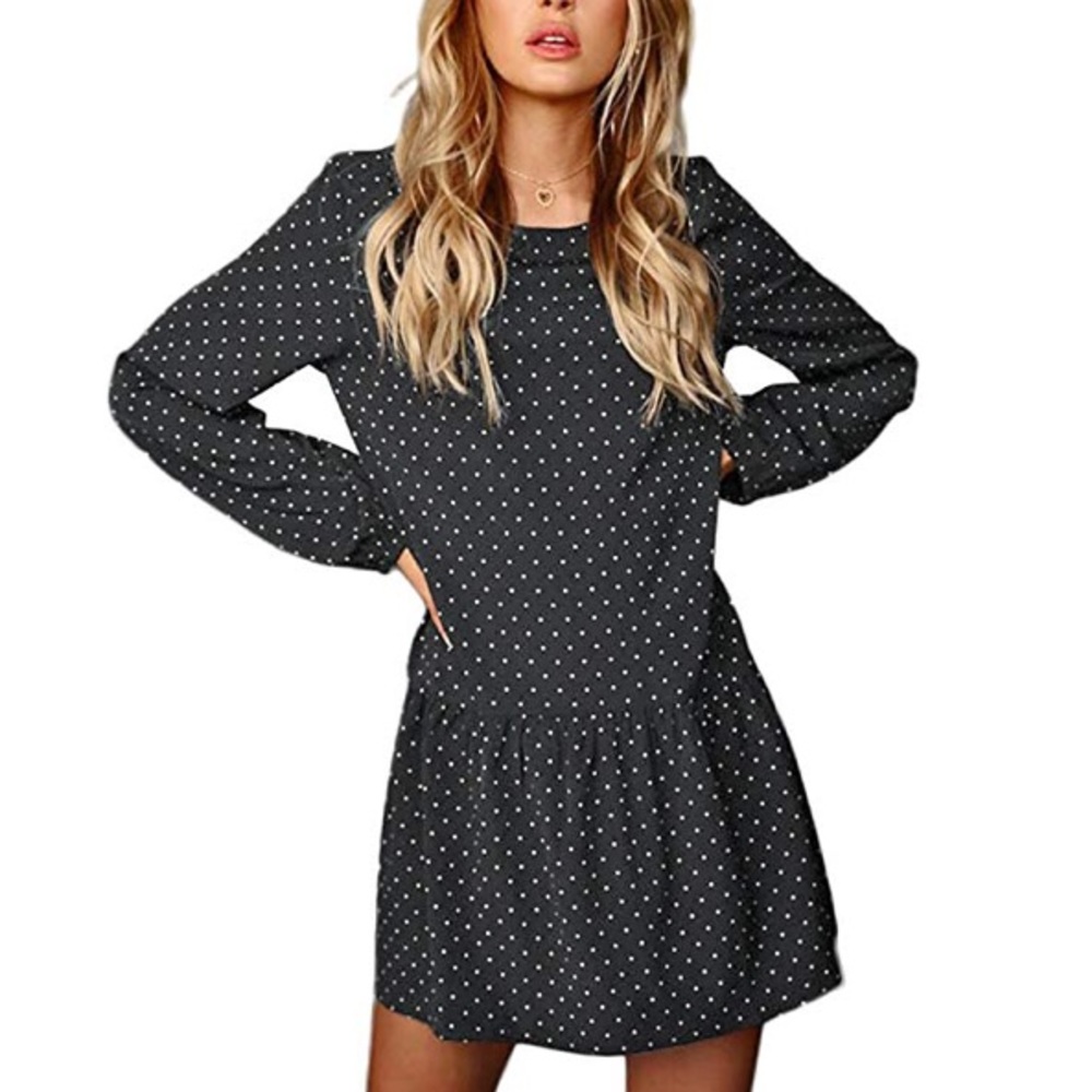 Polka Dot Long Sleeve Boyfriend Fit Mini Dress - Picture 3 of 5
